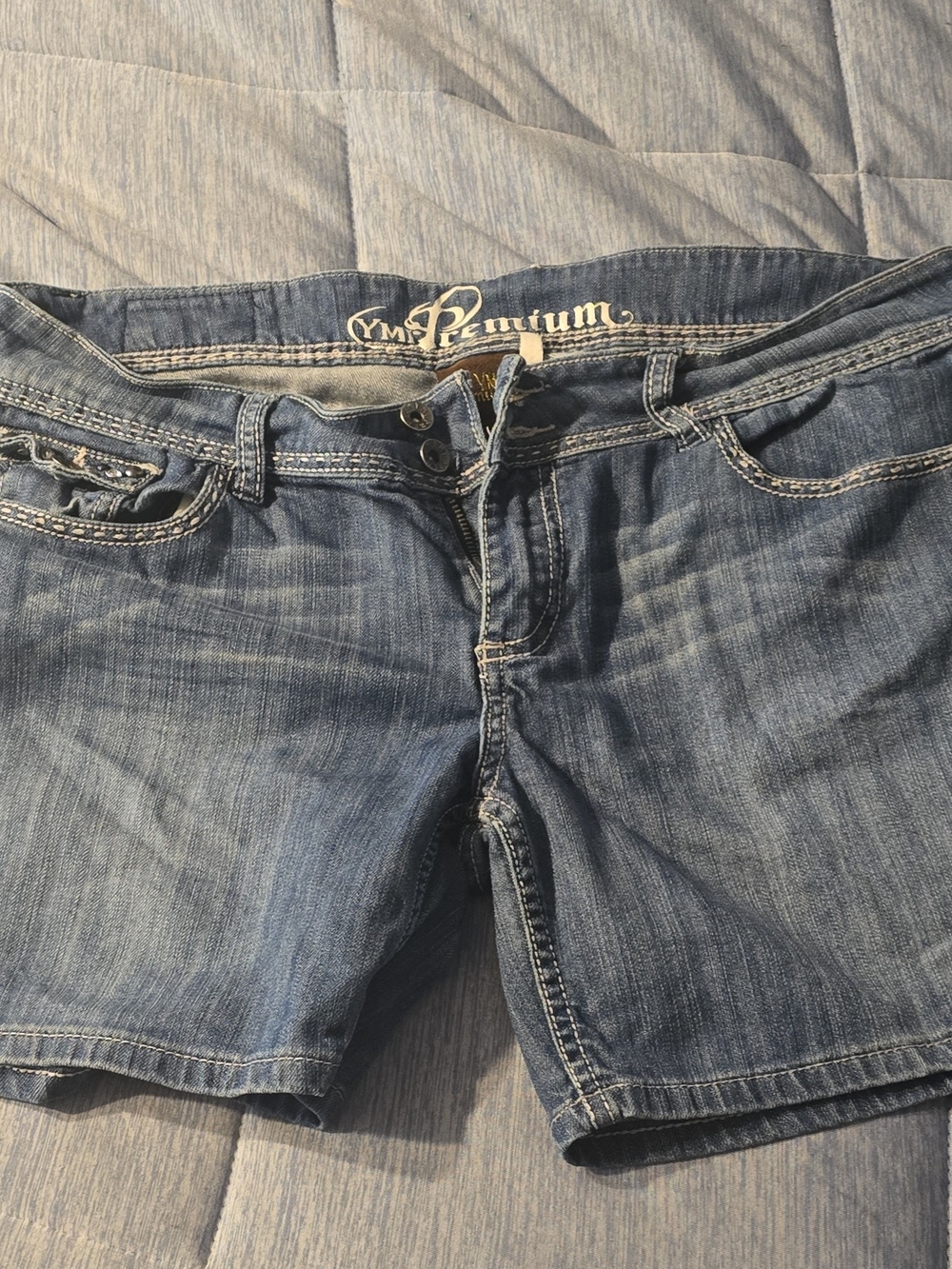 True Religion Medium Blue Denim Mid-Rise Jean Shorts